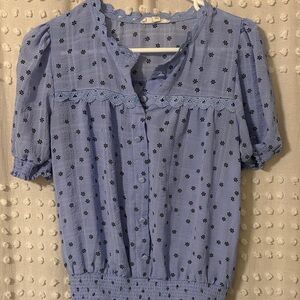 mine Blue Eyelet Floral Button-Front Blouse